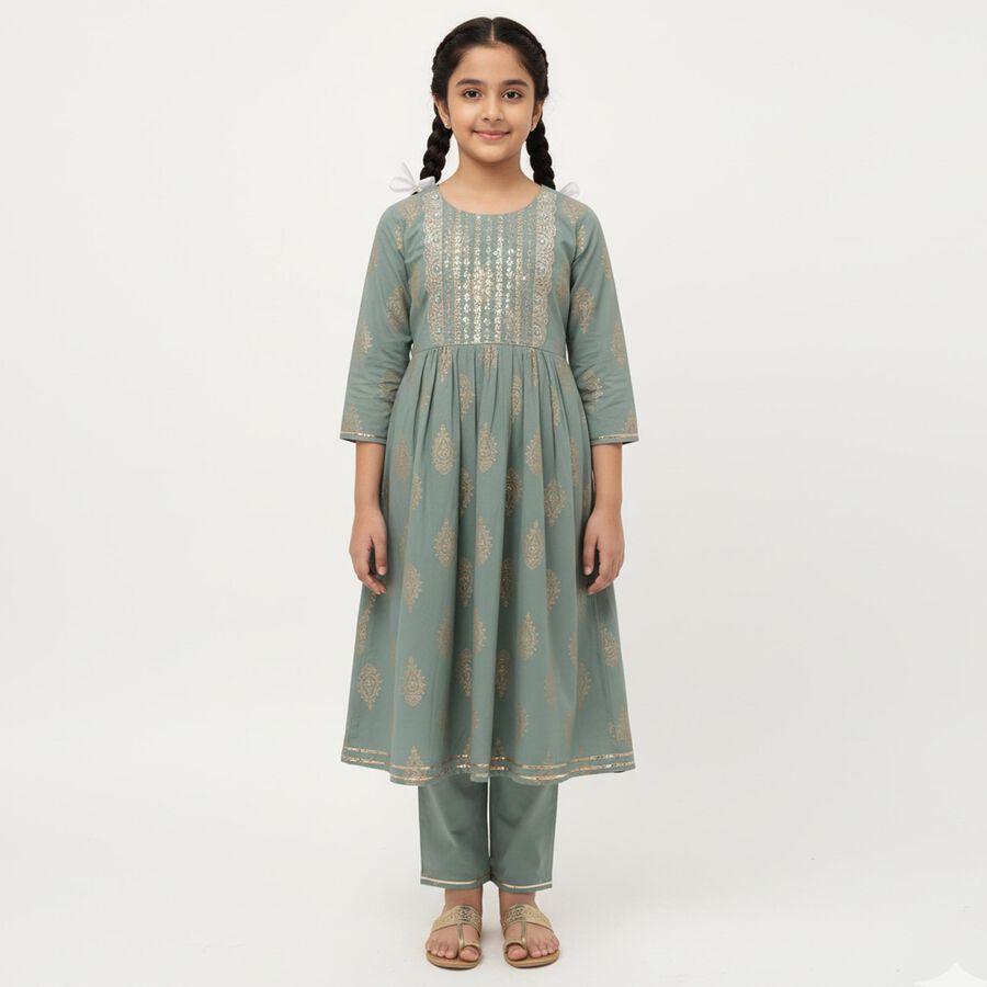 Girls Muted Sage Green Cotton Embroidered Kurta and Pants Fusion Set, Light Green, large image number null