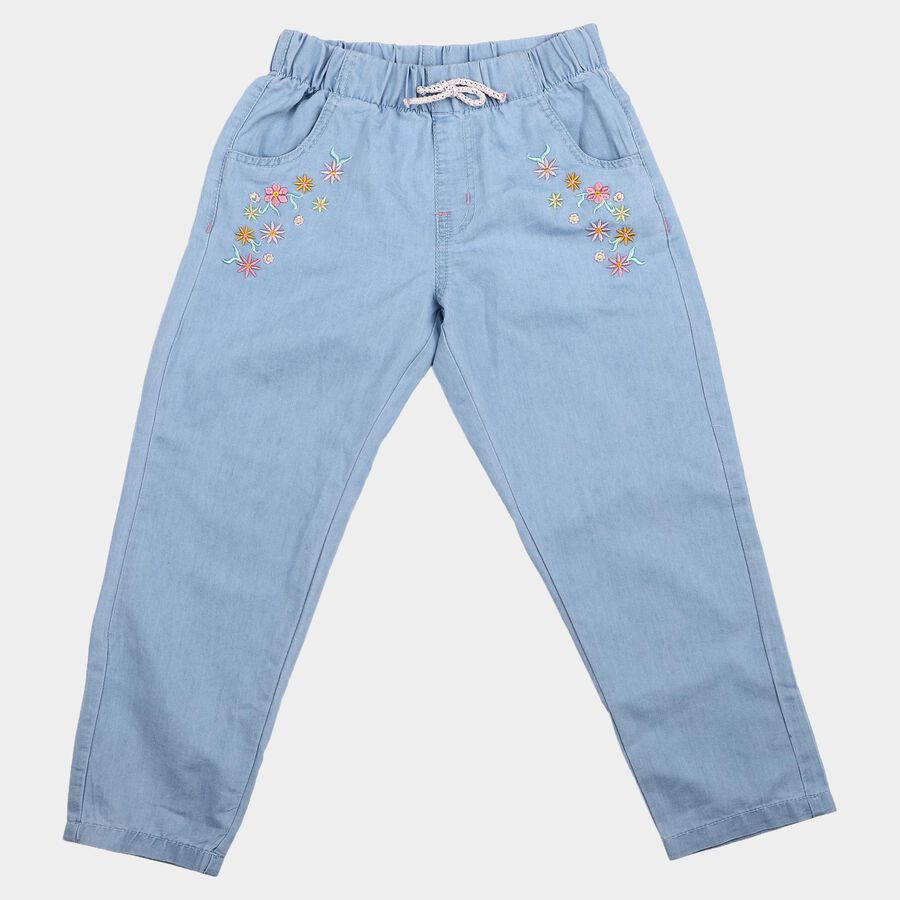 Girls' Light Blue Straight Fit Embroidered Jeans, हल्का नीला, large