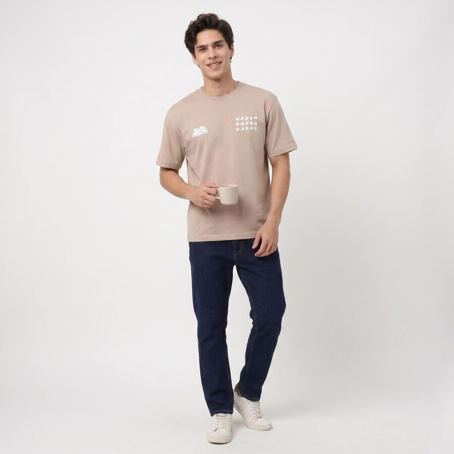 Men's Beige Round Neck Graphic Print Regular T-Shirt, Beige, large