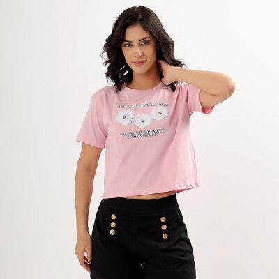 Women's Soft Pink Cotton Round Neck Crop T-Shirt