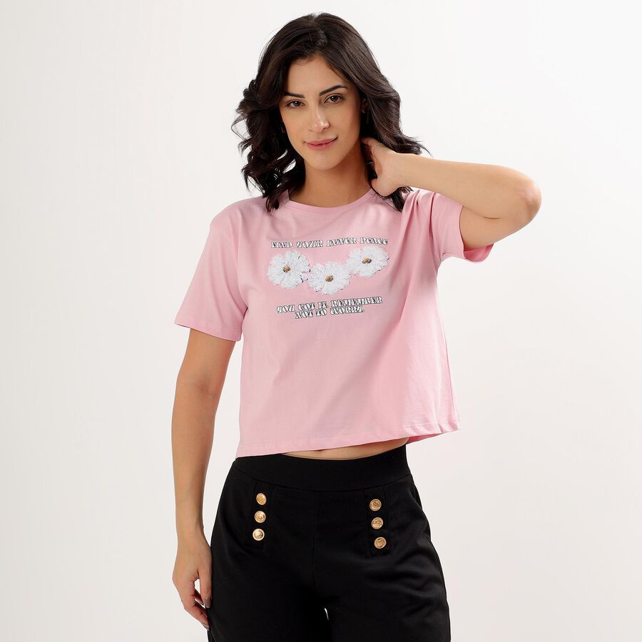 Women's Soft Pink Cotton Round Neck Crop T-Shirt, Pink, large