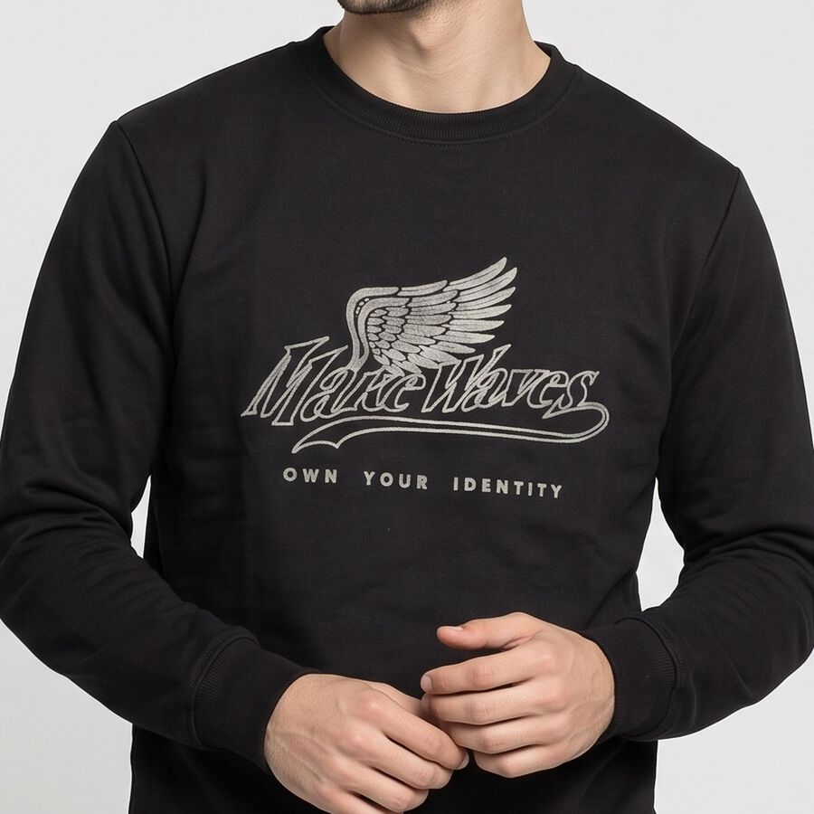 Men's Black Crew Neck Graphic Print Sweatshirt, Black, large