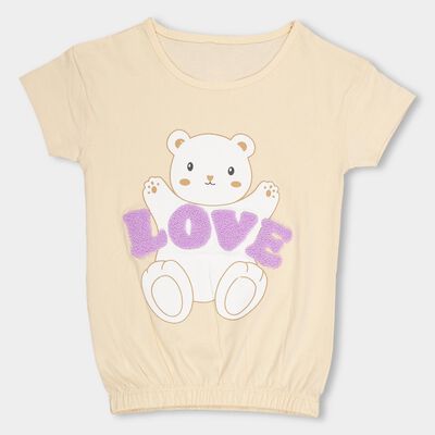 Girls' Light Beige Cotton Round Neck Casual T-Shirt