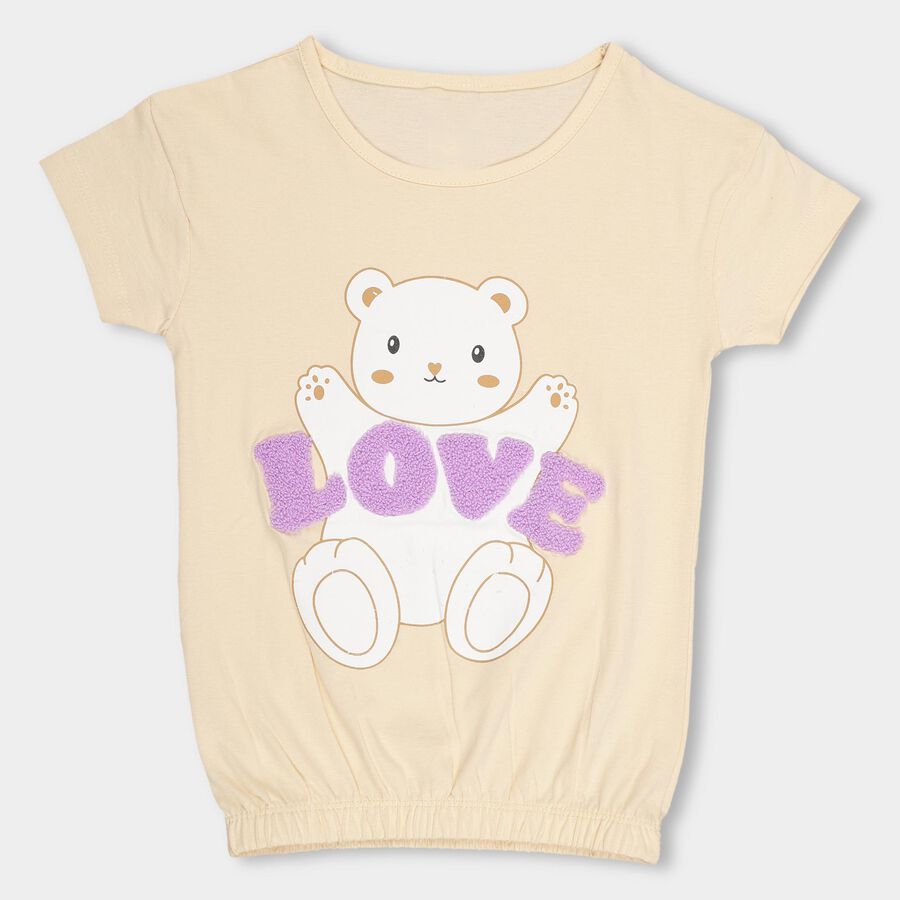 Girls' Light Beige Cotton Round Neck Casual T-Shirt, Beige, large image number null