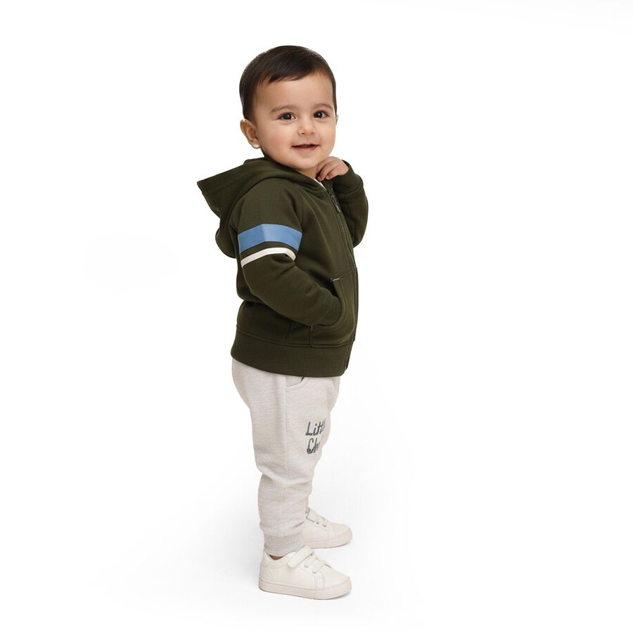 Infants' Olive Hoodie Cuff Sleeve Printed Baba Suit, ओलिव, large image number null
