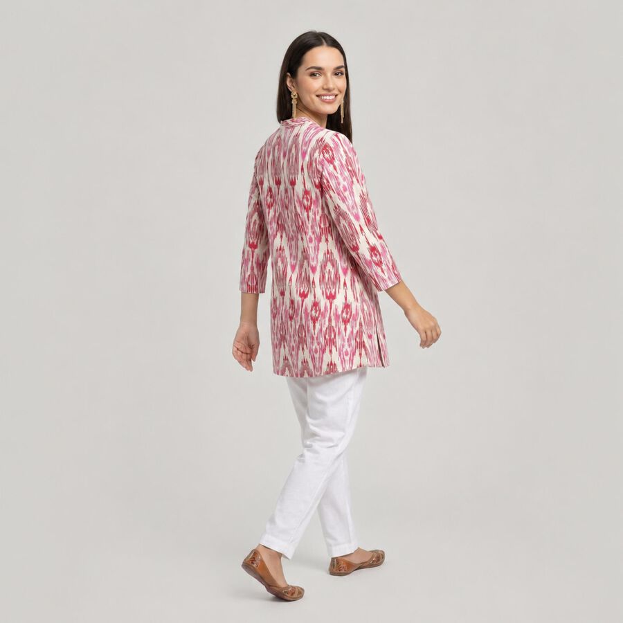Women's Fuchsia Notch Neck Ikat Printed Kurti, Fuchsia, large