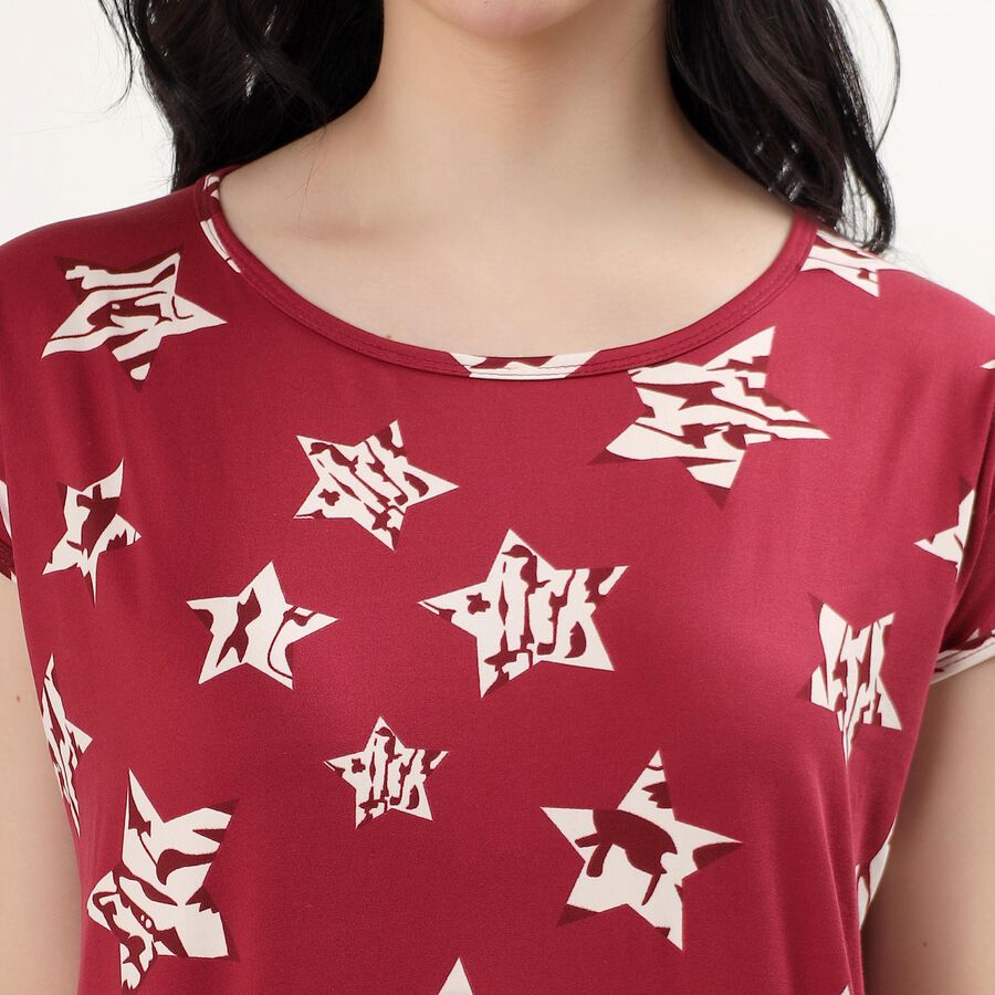 Women's Deep Red Round Neck Casual Nighty, Red, large image number null