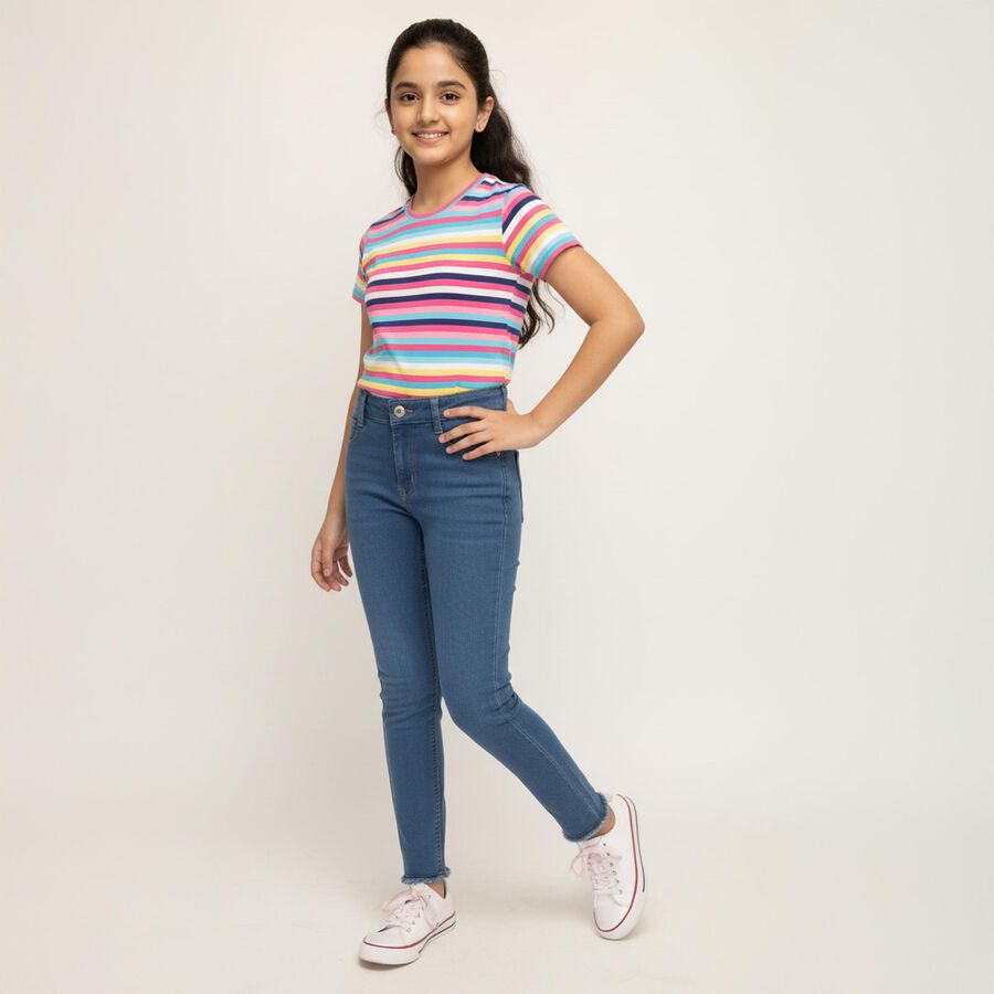 Girls' Stonewashed Blue Skinny Fit Frayed Hem Jeans, मध्यम नीला, large image number null