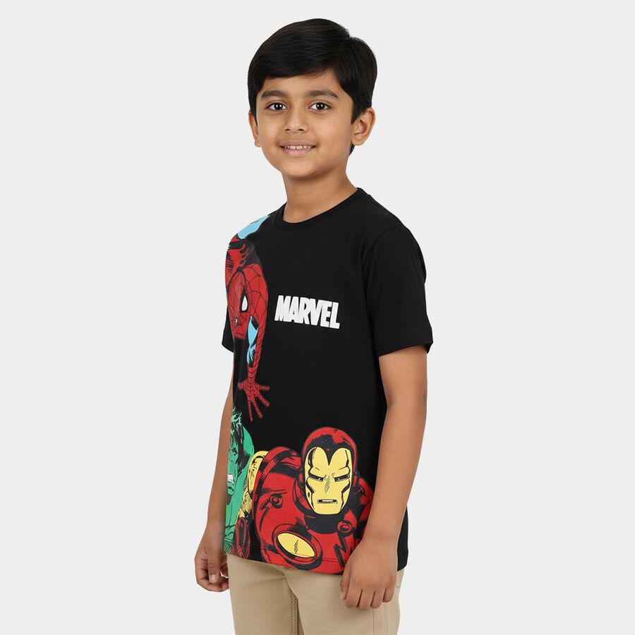 Boys' Jet Black Cotton Crew Neck Graphic Printed T-Shirt, Black, large