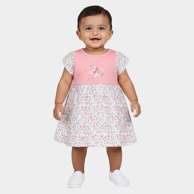 Infants' Pink and White Floral Cotton Frock with Butterfly Print