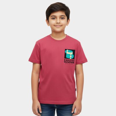 Boys Pink Cotton Round Neck Casual T-Shirt