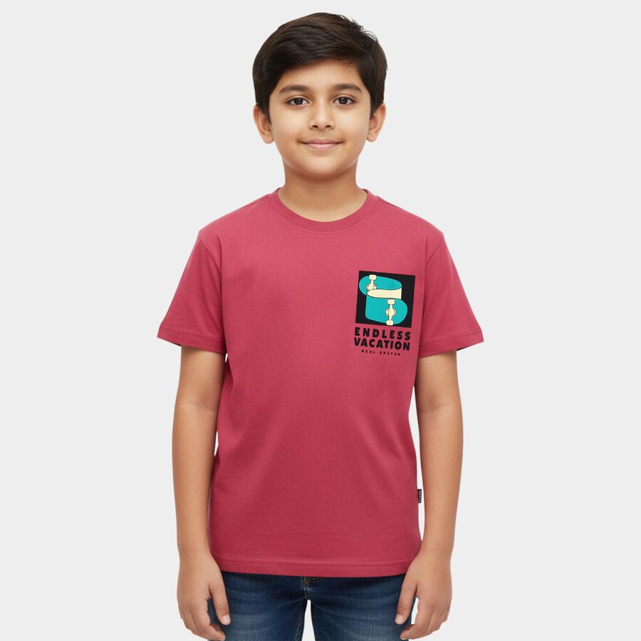 Boys Pink Cotton Round Neck Casual T-Shirt, Pink, large