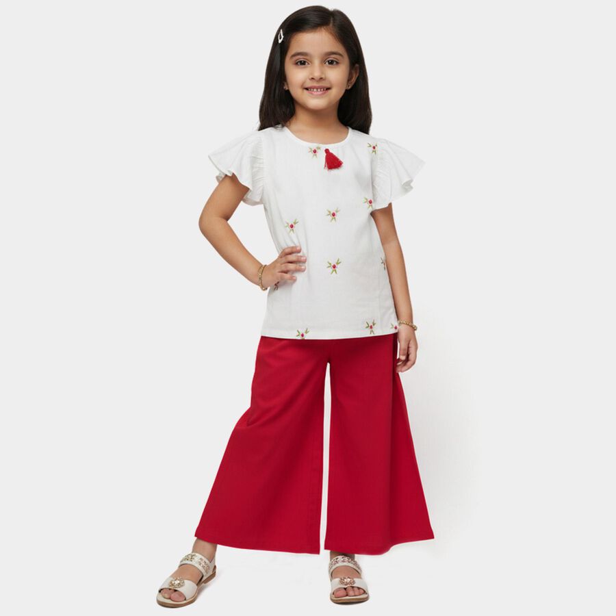 Girls' White and Red Round Neck Embroidered Top and Capri Set, ऑफ व्हाइट, large