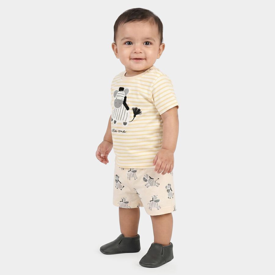 Infants' Beige 100% Cotton Round Neck Zebra Printed Baba Suit, Beige, large