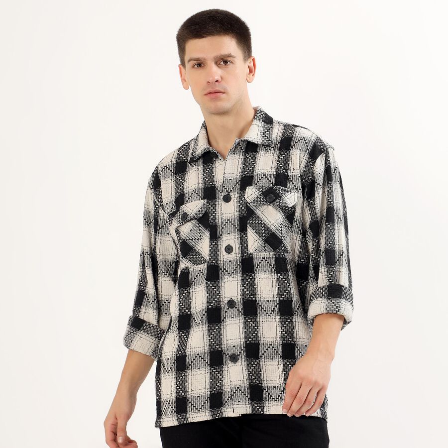 Men's Black and White Checked Spread Collar Casual Shirt, Off White, large
