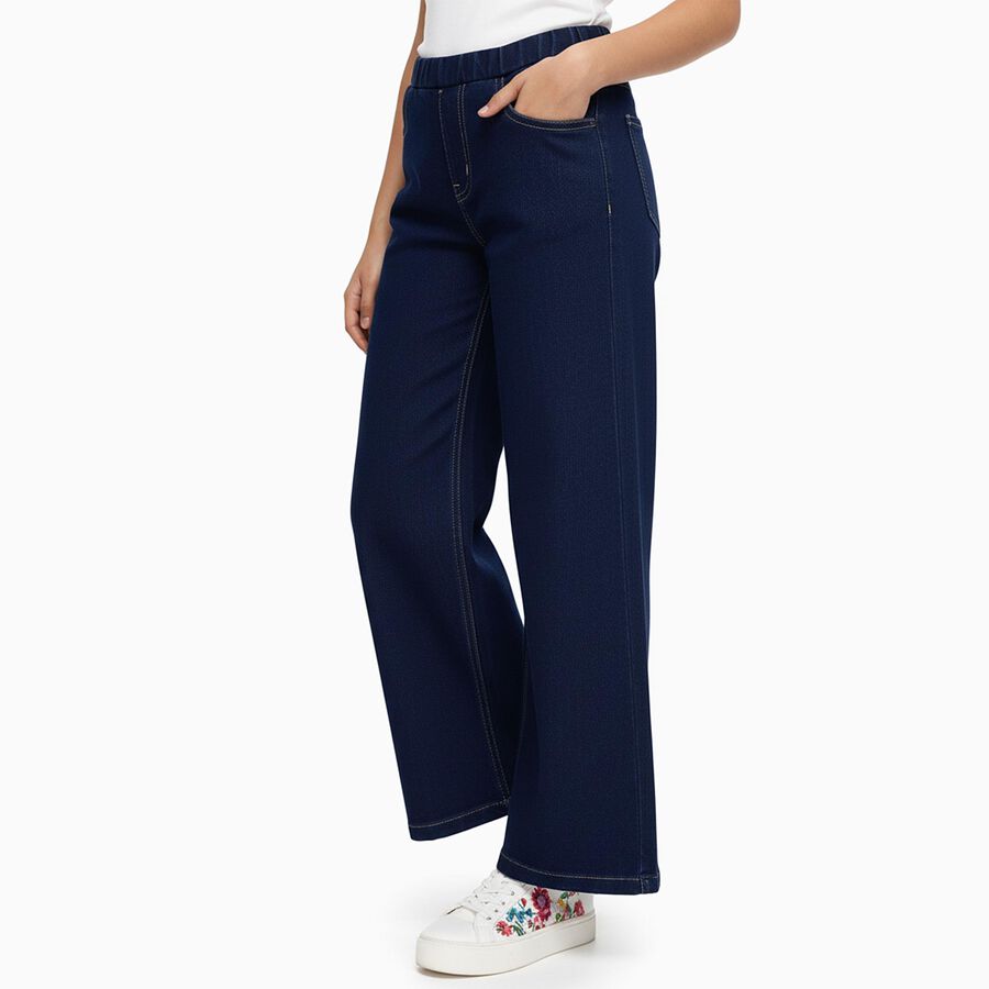 Girls' Deep Indigo Wide-Leg High Waist Jeans, गहरा नीला, large