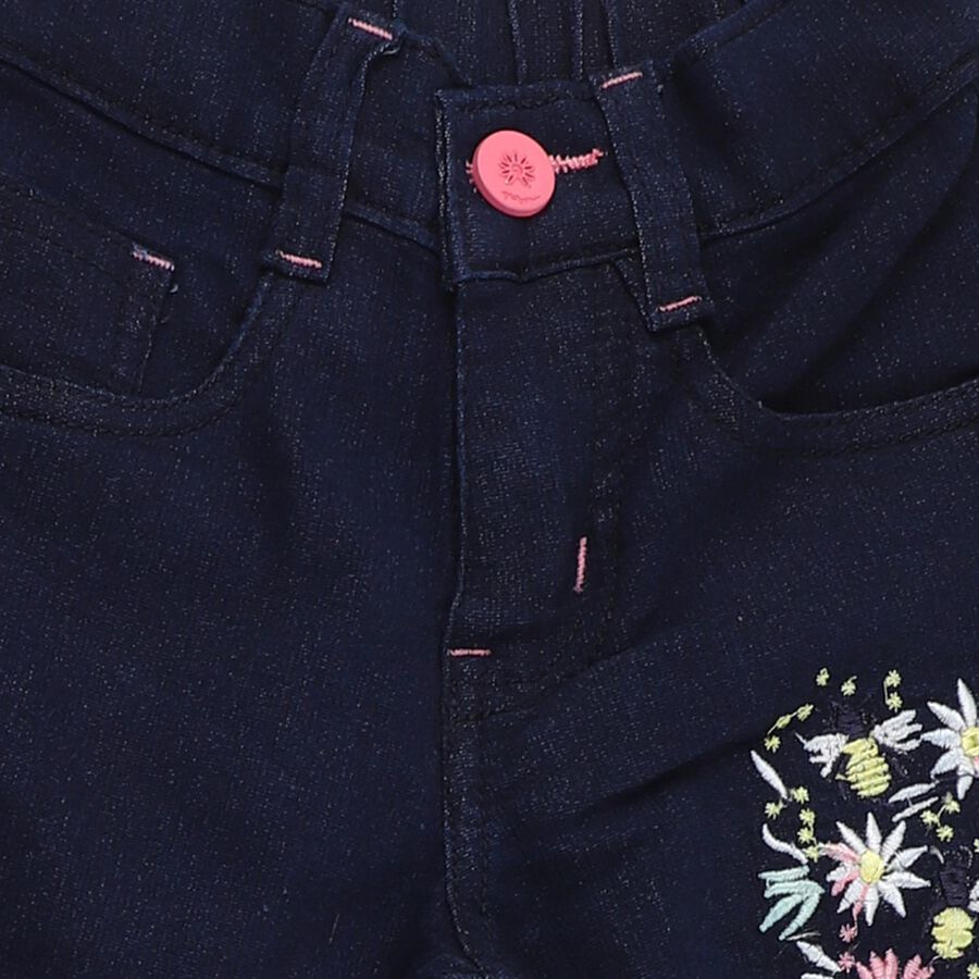 Girls' Dark Blue Slim Fit Embroidered Jeans, गहरा नीला, large image number null