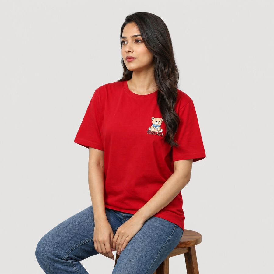 Women Fuchsia Cotton Round Neck Regular T-Shirt, Fuchsia, large