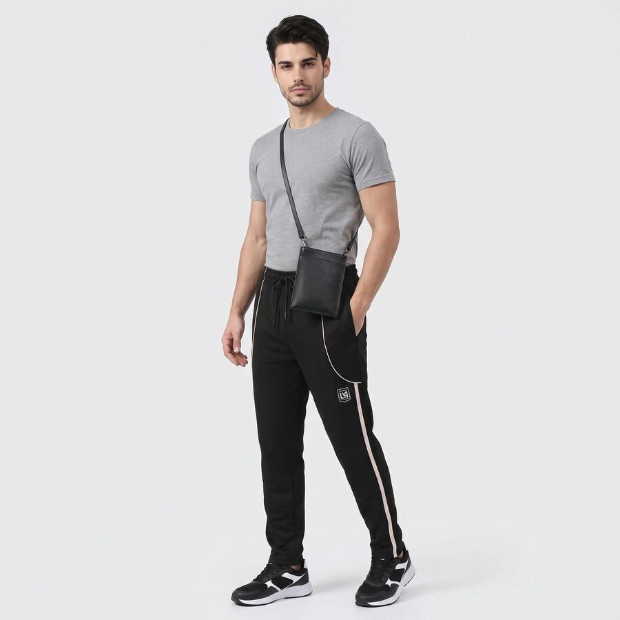 Men's Black Regular Fit Side-Striped Track Pants, Black, large
