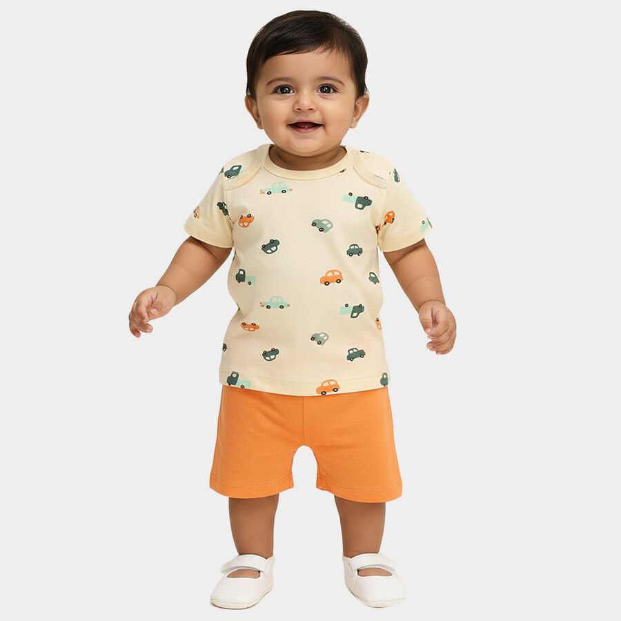 Infants' Orange Cotton Round Neck Car Print Baba Suit, Orange, large