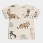 Infants' Beige Cotton Round Neck Animal Print Baba Suit, Beige, small