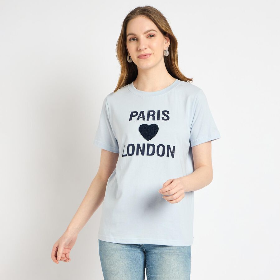 Ladies' 100% Cotton Round Neck T-Shirt , हल्का नीला, large