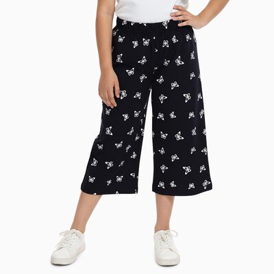 Girls' Black Butterfly Print Elastic Waist Cotton Blend Capri