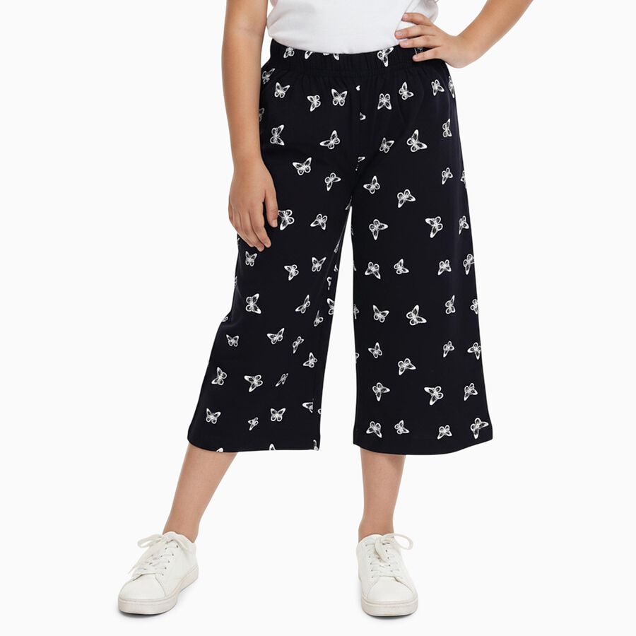 Girls' Black Butterfly Print Elastic Waist Cotton Blend Capri, Navy Blue, large image number null