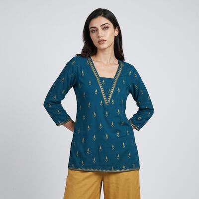 Women's Teal V-Neck Printed Straight Kurti
