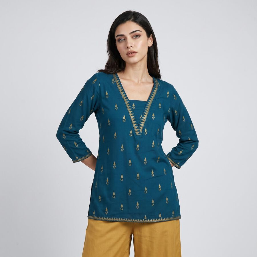 Women's Teal V-Neck Printed Straight Kurti, Teal Blue, large