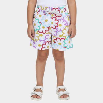Girls' White Floral Cotton Elastic Waist Shorts