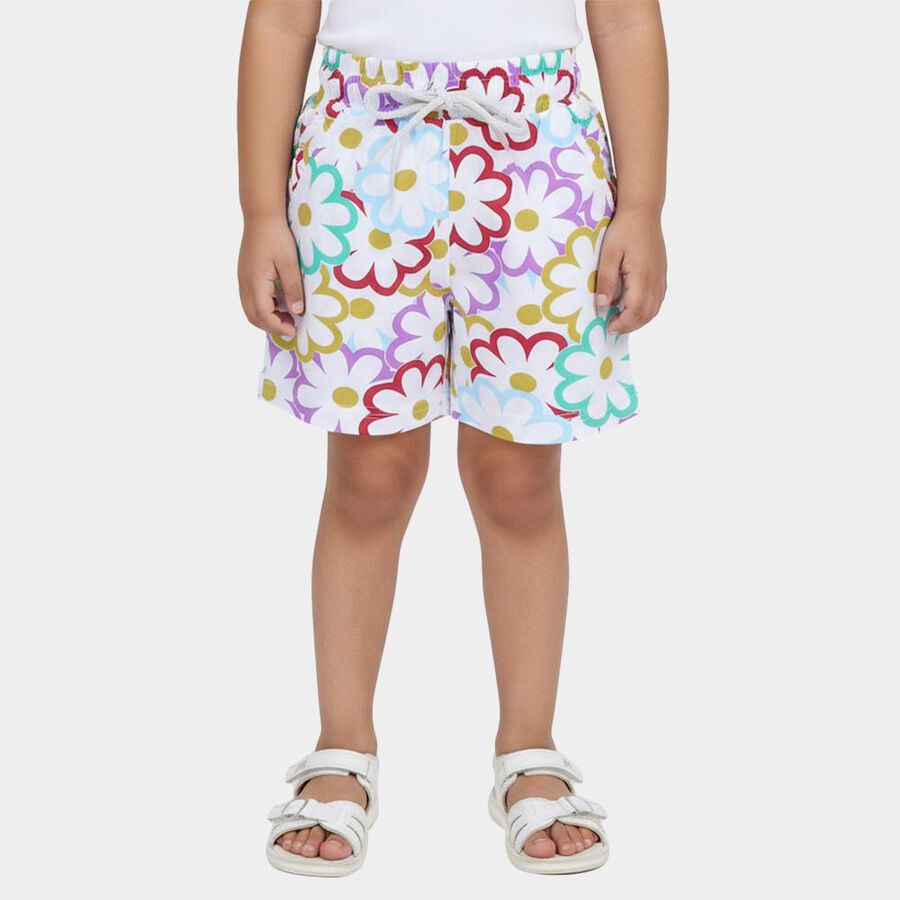 Girls' White Floral Cotton Elastic Waist Shorts, सफ़ेद, large