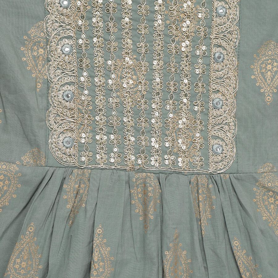 Girls Muted Sage Green Cotton Embroidered Kurta and Pants Fusion Set, Light Green, large image number null