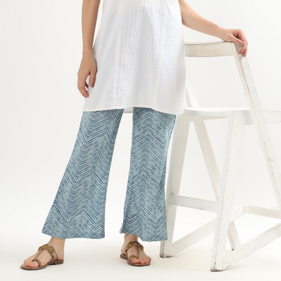 Women's Muted Steel Blue Slim Fit Chevron Printed Palazzos, Mid Blue, large image number null