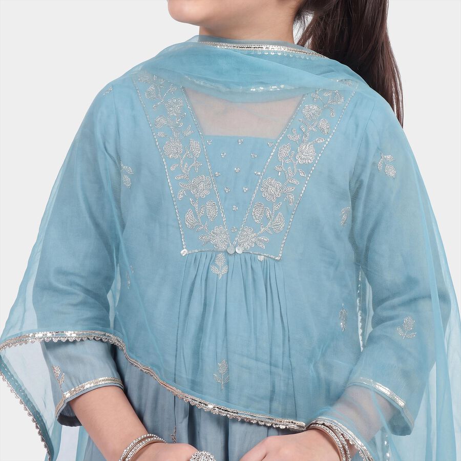 Girls Light Blue V-Neck Kurta and Pant Fusion Set, हल्का नीला, large