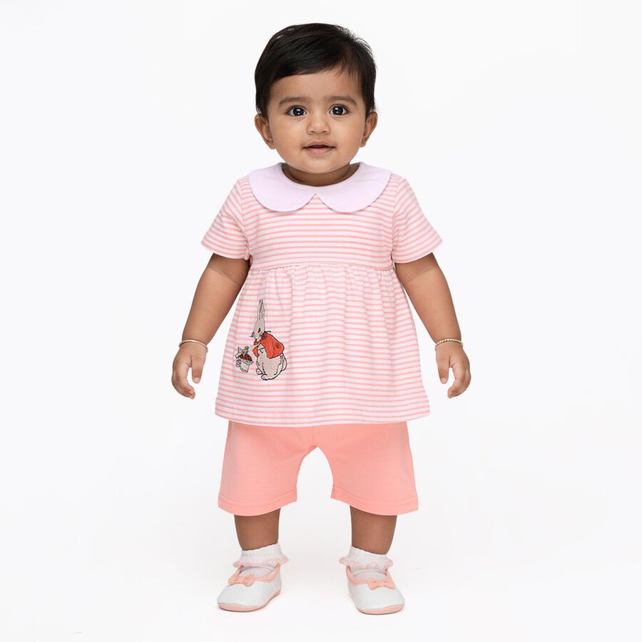 Infants' Light Pink Cotton Peter Pan Collar Casual Top and Capri Set, पीच, large image number null