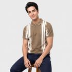 Men's Beige Polo Neck Striped T-Shirt, Beige, small