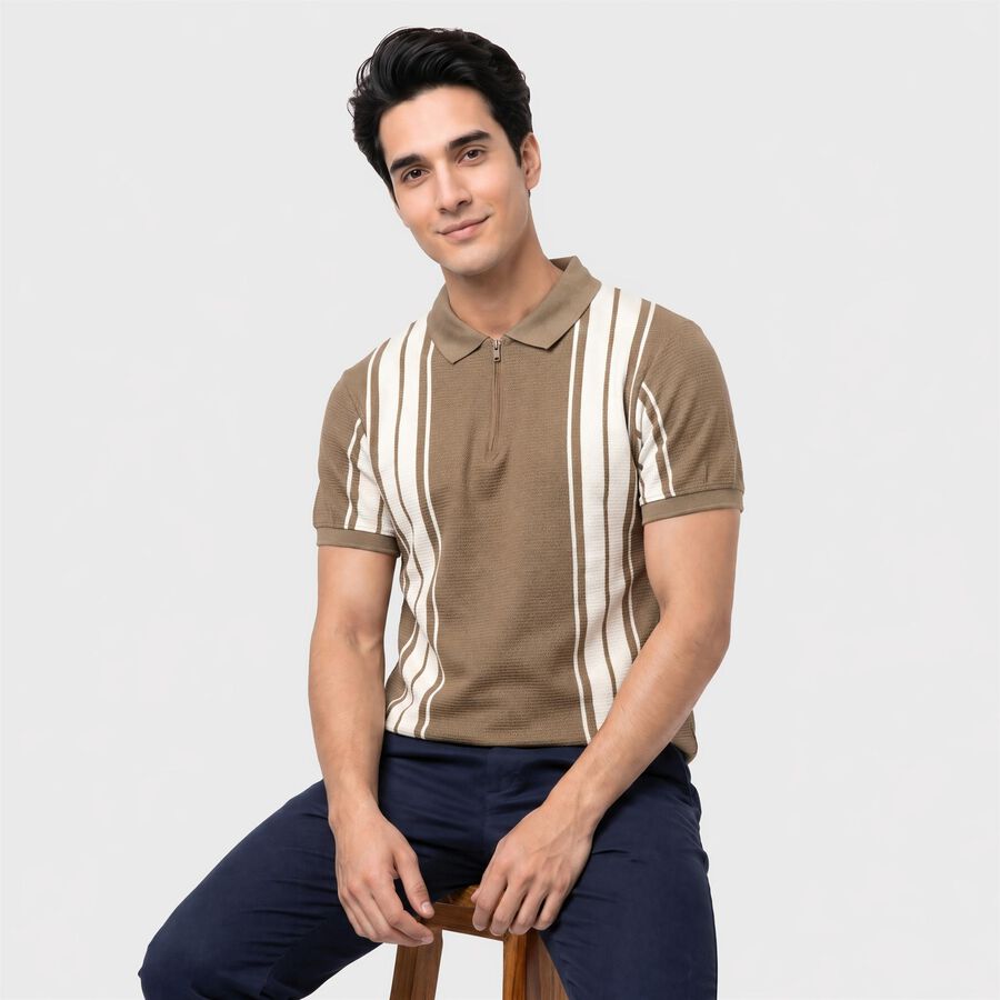 Men's Beige Polo Neck Striped T-Shirt, Beige, large