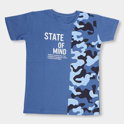Boys Muted Steel Blue Cotton Round Neck Half Sleeve T-Shirt