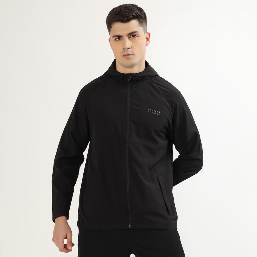 Men's Jet Black Hooded Athleisure Jacket, Black, large image number null