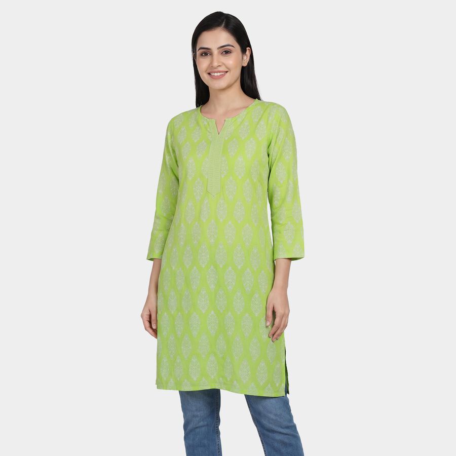 Women's Green Mandarin Collar Printed Straight Kurti, Light Green, large