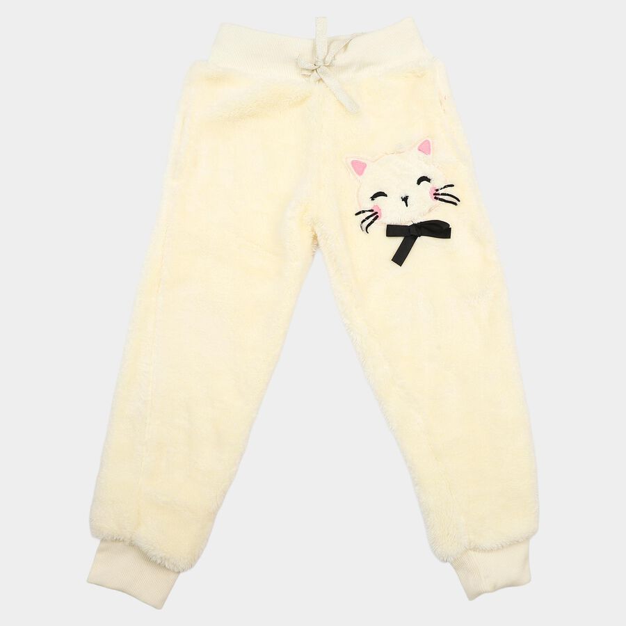 Girls' Cream Regular Fit Cat Applique Jogger Pyjama, ऑफ व्हाइट, large