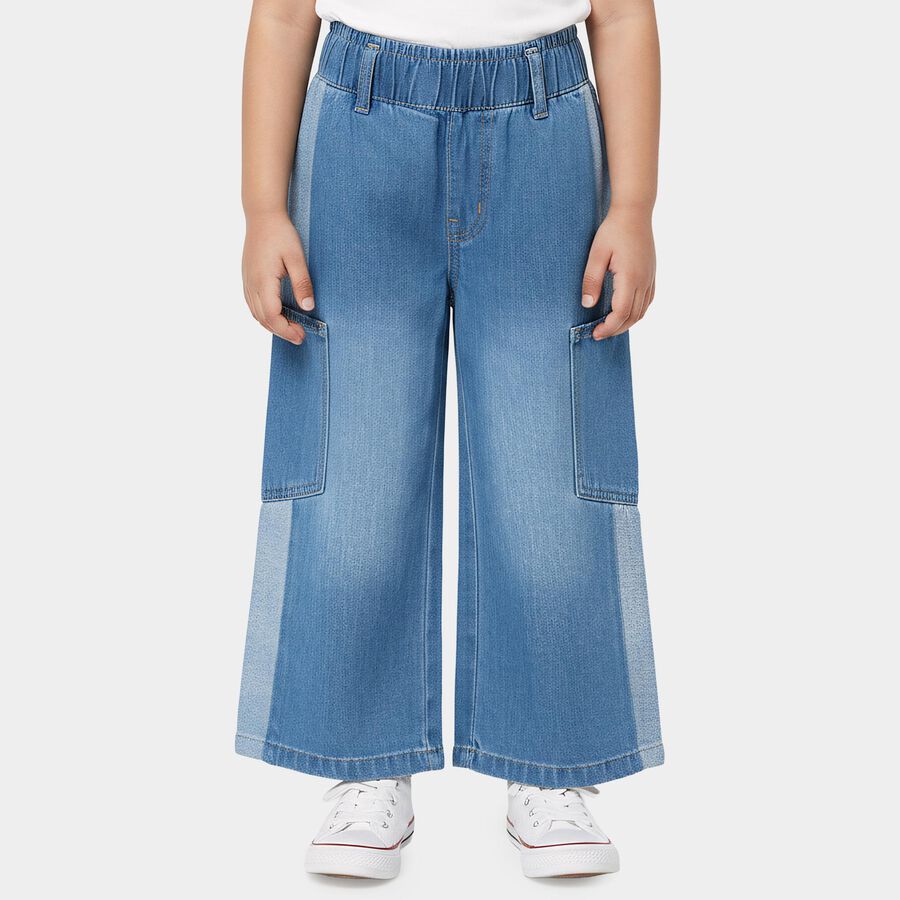 Girls' Light Blue Wide Leg Cargo Style Jeans, मध्यम नीला, large