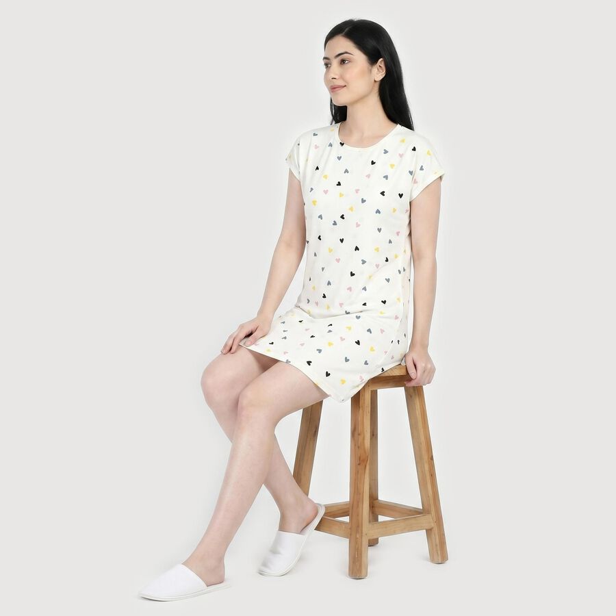 Women's White Round Neck T-Shirt Style Nighty, White, large