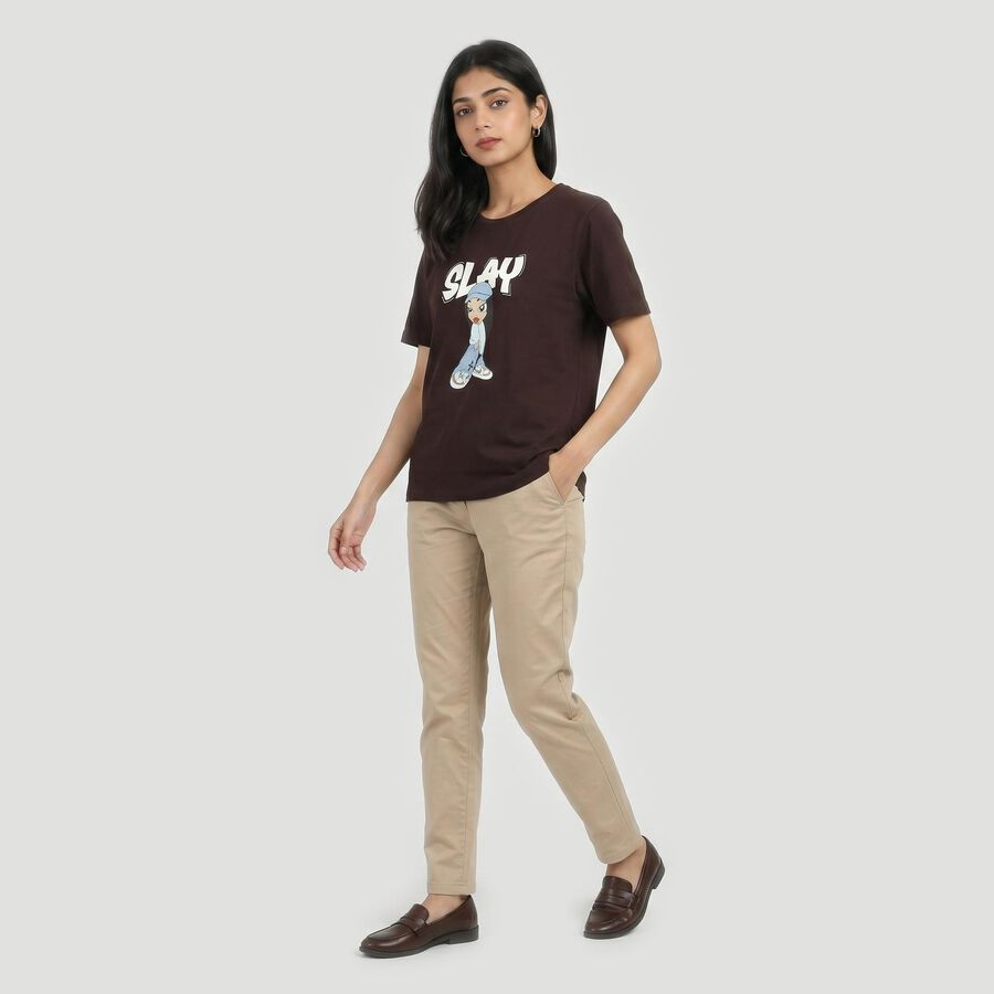 Women's Wine Cotton Round Neck Regular T-Shirt, वाइन, large