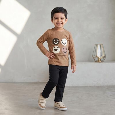 Boys' Brown Crew Neck Graphic Print Baba Suit
