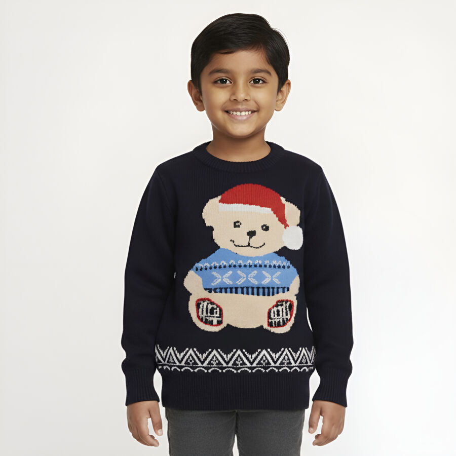 Boys Deep Midnight Navy Blue Crew Neck Graphic Pullover, नेवी ब्लू, large image number null