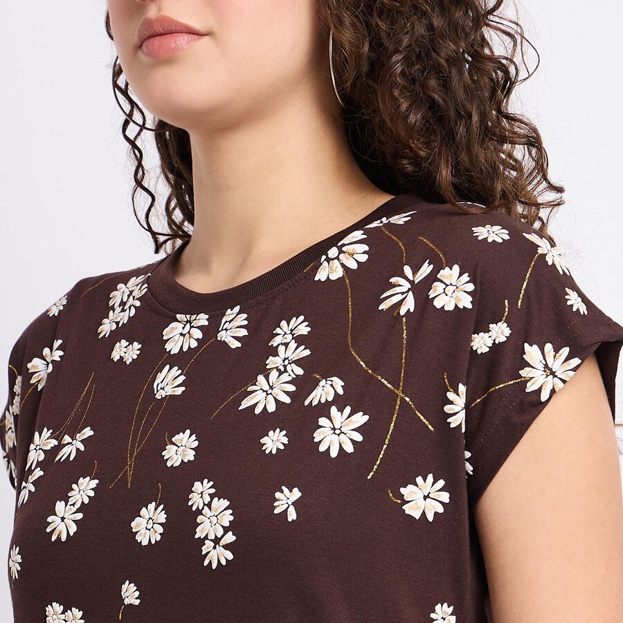 Ladies' Round Neck T-Shirt, भूरा, large