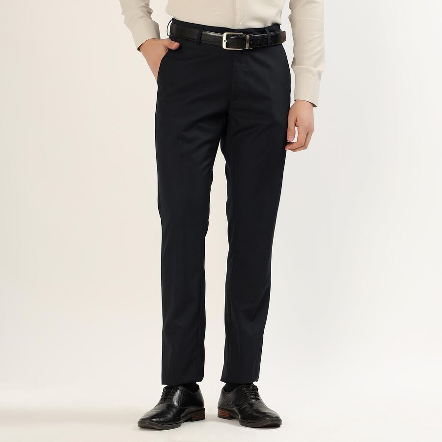 Men's Jet Black Slim Fit Flat-Front Formal Trousers, Navy Blue, large