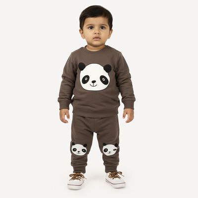 Infants' Dark Grey Round Neck Panda Printed Baba Suit